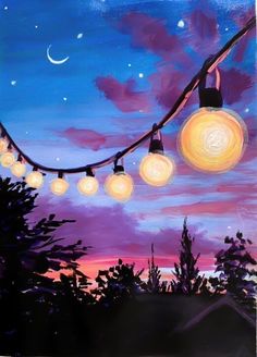 an acrylic painting of some lights hanging from a tree at night with the moon in the sky