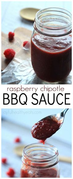 raspberry chipotle bbq sauce in a mason jar with a spoon