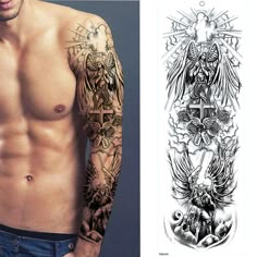 an image of a man with tattoos on his arm and chest, next to the same tattoo design