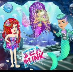 two mermaids are standing in front of an underwater scene with the words sea punk on it