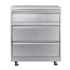 a stainless steel filing cabinet with three drawers