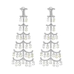 A fashionable pair of chandelier earrings showcasing a briolette cut sapphires, set in 6 rows of diamond encrusted bars made in 18k white gold. Sapphires weigh 19.00 carats total; diamonds weigh 2.17 carats total. 3 inches in length. Finely made in 18k white gold. Roman Malakov is a custom house, specializing in creating anything you can imagine. If you would like to receive a special quote on a custom piece please message or call us. Movie Jewelry, Pearl Chandelier Earrings, Diamond Chandelier Earrings, Diamond Chandelier, Pearl Chandelier, White Diamond Earrings, Antique Chandelier, Antique Earrings, Sapphire Diamond