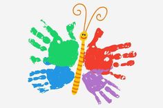 colorful hand prints with a smiling face on it's chest and hands in the shape of a butterfly