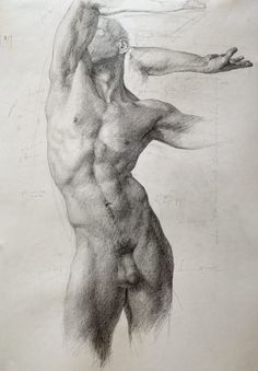 a drawing of a man's back and arm, with his arms stretched out