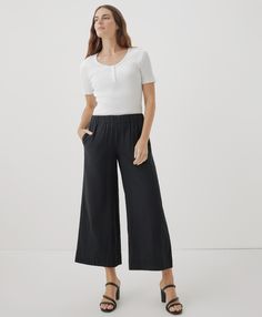 Women’s Coastal Double Gauze Wide Leg Pant made with Organic Cotton | Pact Black Coastal, Chambray Pants, Travel Pants, Wide Leg Linen Pants, Wide Leg Pant, Double Gauze, Designer Clothes For Men, Perfect Woman, Sustainable Clothing