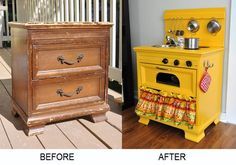 two different types of kitchen furniture on the same floor, one is yellow and the other is red