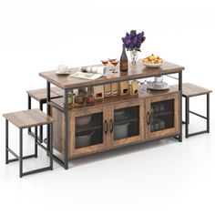 SpecificationsColor : Brown + BlackMaterials : Density Board, MetalDimensions of Kitchen Island : 54 x 22 x 30Dimensions of Bench : 47 x 14 x 18Dimensions of Each Chair : 16 x 14 x 18Total Net Weight : 112 lbsWeight Capacity of Kitchen Island : 200 lbsWeight Capacity of Bench : 660 lbsWeight Capacity of Each Chair : 330 lbsKey Features● 4 Piece Kitchen Island Set: Designed to comfortably seat 4, this kitchen dining set includes 1 × kitchen island, 1 × bench, and 2 × chairs. It effortlessly accommodates family meals, casual meetings, special occasions, or any other seating needs.● Perfect Storage Solution: The kitchen island boasts a spacious cabinet top, an open compartment, and 2 cabinets with doors, providing ample storage space for kitchen essentials. The 3-level adjustable shelves hold Kitchen Table Island, Frame Shelves, Fantasy Home Decor, Dining Nooks, Table Island, Seating Bench, Island Chairs, Cabinet Top, Kitchen Table Chairs