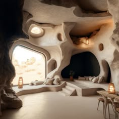 the interior of a cave like house is lit up with lights