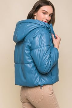 Pu Faux Leather Zipper Hooded Puffer Jacket – Body By J'ne Puffer Style, Hooded Puffer Jacket, Edgy Design, Puffer Jacket Women, Activewear Sets, Azure Blue, Faux Leather Jacket, Swim Suit Bottoms, Leather Zipper