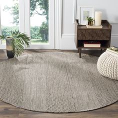 a round rug in the middle of a living room with a plant on top of it