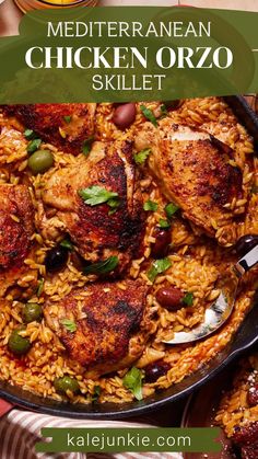 chicken and rice skillet with text overlay that reads mediterranean chicken orzo skillet