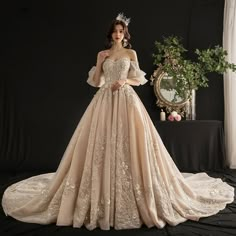 Champagne Wedding Dresses, Wedding Dress Champagne, Cathedral Train, Fantasy Gowns, Champagne Wedding, Fairytale Dress, Quince Dresses, Fantasy Dress