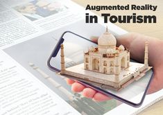 a person holding up a phone with an image of a building in the screen and text that reads, augmenteded reality in tourism