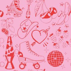 a pink background with red and white drawings on the theme of roller skates, hats, fruit, and other things