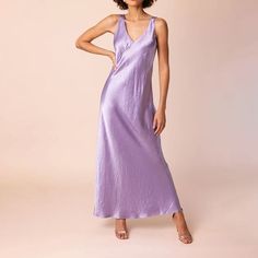 Sleeveless Silk Dress With Satin Finish For Spring, Sleeveless Silk Maxi Dress With Satin Finish, Spring Silk Maxi Dress With Satin Finish, Sleeveless Satin Maxi Dress For Summer, Sleeveless Maxi Dress With Satin Finish For Summer, Sleeveless Satin Finish Maxi Dress For Summer, Elegant Lavender Maxi Dress, Purple Silk Slip Dress For Evening, Purple Silk Evening Slip Dress