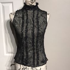 The Limited Silk Black Metallic Top Blouse Sz M Nwot- Mesh- See Through Striped High Neck Shiny Silver Sheer Sleeveless Striped Ruffle Raw Trim Club Dance Night Out Cocktail Party Sexy Hot Crop Tee Tank Cami Fits Small Mannequin Is Sz S All Sales Are Final Stretch Grunge Party Tops, Stretch Grunge Tops For Party, Grunge Halloween Party Tops, Y2k Tops For Halloween Night Out, Y2k Style Halloween Party Tops, Y2k Halloween Party Tops, Edgy Tops For Halloween Party, Alternative Style Top For Halloween Party, Alternative Halloween Party Tops