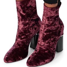 3.1 Phillip Lim Kyoto Crushed Velvet Booties - Maroon Burgandy - Size 38 Pre-Owned, Light Wear To Soles As Shown. Amazing Pair Of Crushed Velvet Booties, Zip Closure At The Back. Size 38. A Stacked Block Heel With A Polished Metal Inset Elevates The Look Of A Streamlined, Crushed Velvet Bootie Designed With A Fitted, Stretchy Shaft. Burgundy Ankle Boots, Burgundy Boots Ankle, Boots Luxury, Purple Boots, Burgundy Velvet, Shoe Trends, 3.1 Phillip Lim, Crushed Velvet, Phillip Lim