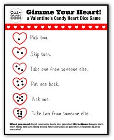 a valentine's candy heart dice game for kids to play on the gourmet