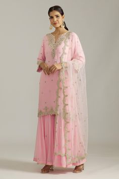 Pink kurta featuring silver floral embroidery with cutdana and scalloped borders. Paired with a matching sharara and dupatta, all in net and georgette fabric., Fit: Relaxed Pink Embroidered Chinon Sharara, Pink Embroidered Sharara In Chinon Fabric, Fitted Pink Sharara With Printed Motifs, Pink Embroidered Sharara With Straight Kurta, Pink Semi-stitched Sharara With Intricate Embroidery, Types Of Work, Sharara Set, Three Quarter, Aza Fashion