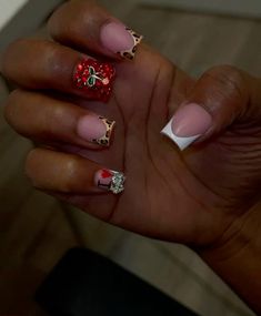 Matching Valentine Couple Nails, Big Mama Nails, Nails Inspo For Valentines, Mariah The Scientist Nails, Red Steletoes Nails, I Love Ny Nails, Hard Nails Short, Cheetah Print And Red Nails, Valentines Day Nails With Charms