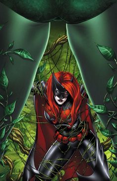 a woman in red and black costume standing next to green plants