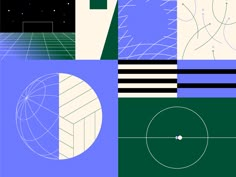 an abstract composition with lines and shapes in blue, green, black and white colors