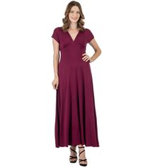 A formal look has never been so comfortable. With its regal full-length skirt this womens maxi dress makes for an elegant formal or casual look. Featuring a v-neck line and v cut on the back, cap sleeves, flared a line skirt, defined empire waist, and is made from a soft and comfortable stretch material in four beautiful year round colors and it is machine washable for easy care. The perfect dress to keep in your closet for any special occasions or just an eye-catching date night look. Made in t Fitted Floor-length Burgundy Maxi Dress, Formal Solid V-neck Dress With Surplice Neckline, Elegant Fitted Burgundy Maxi Dress, Elegant Burgundy Maxi Dress For Gala, Formal V-neck Dress With Surplice Neckline, Burgundy Floor-length Evening Maxi Dress, Elegant Solid Color Empire Waist Maxi Dress, Fitted V-neck Maxi Dress For Formal Occasions, Elegant Solid Empire Waist Maxi Dress