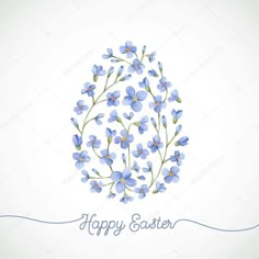 an easter card with blue flowers and the words happy easter written in it on a white background