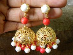 This listing is for 1 pair of Gold Plated Women Jhumka Jhumki Earrings  . Earring Size:55mm long Light Weight comfortable to wearMany thanks for you visit my store ♥ if you have any question please contact us.For wholesale Price Please Convo me.You can order different items as many you like . White Fusion Danglers With Latkans, White Latkans Earrings For Navratri, White Meenakari Fusion Jhumkas, Bollywood Style White Jhumkas, Heavy White Fusion Style Jhumkas, Festive Fusion Style White Danglers, Festive White Fusion Danglers, Festive Fusion White Danglers, White Chandbali Earrings For Navratri