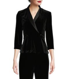 Alex Evenings Satin Portrait Collar 3/4 Sleeve Velvet Modified Peplum Wrap Top | Dillard's Peplum Wrap Top, Concert Black, Dress Tuxedo, Velvet Blouse, Fall Wedding Guest, Alex Evenings, Woman's Fashion, Wrap Jacket, Velvet Blouses