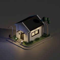 a small house is lit up at night with the light shining on it's roof