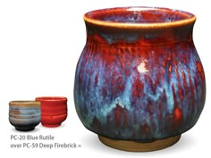 three vases with different colors and designs are shown in this image, one is red, the other is blue