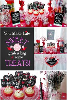 valentine's day dessert table with cupcakes and candy