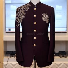 Luxury Tailored Embellished Outerwear, Luxury Fitted Nehru Jacket For Ceremonial Occasions, Elegant Tailored Nehru Jacket For Ceremonial Occasions, Elegant Tailored Nehru Jacket For Ceremonial, Tailored Elegant Nehru Jacket For Ceremonial Occasions, Elegant Formal Blazer With Gold Embroidery, Designer Embellished Bandhgala, Luxury Formal Blazer With Gold Embroidery, Elegant Burgundy Outerwear For Party