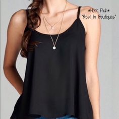 Host Pick! This Black Flowy Semi-Sheer Tank Top Is The Perfect Way To Dress Up An Out Fit Or Just Throw It On With Some Jeans For A More Casual Look. *Size: Xs *Material: Polyester Blend Same/Next Day Shipping (Est). Trendy Sheer Sleeveless Top, Casual Black Chiffon Top, Black Chiffon Blouse For Summer, Sheer Tank Top For Summer Layering, Casual Sheer Tank Top For Party, Casual Chiffon Top For Layering, Chic Black Camisole For Layering, Casual Black Sheer Tank Top, Black Summer Cami Blouse