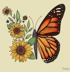 a drawing of a butterfly and sunflowers