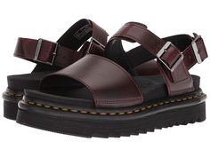 Dr. Martens Voss - Women's Sandals : Charro Brando : The Dr. Martens Voss sandal has a smooth, sleek style that will be a standout this summer! Soft Hydro leather or Brando leather upper. Two leather straps with adjustable metal buckles. Goodyear® welted construction provides durability with an upper and sole that are heat-sealed and sewn together. Soft, breathable man-made lining. Lightly cushioned man-made footbed provides underfoot comfort and support. Built on the super-lightweight Ziggy out Doc Martens Aesthetic, Voss Sandals, Dr Martens Voss, Dr Martens Womens, Summer Soft, Sleek Style, Shoe Size Conversion, Goodyear Welt, Sleek Fashion