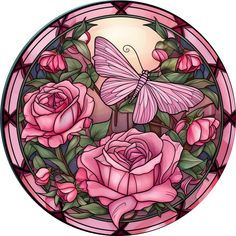 a stained glass window with pink roses and a butterfly