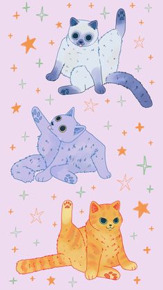 three cats sitting on top of each other with stars in the sky behind them and one cat standing up