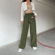 Vintage Corduroy Pants Aesthetic Women Low Waist Belted Straight Legs Trousers with Pockets Harajuku Sweatpants