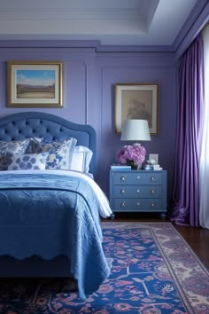 Couple Bedroom Ideas Colorful, Blue And Purple Interior Design, Purple And Blue Room Decor, Periwinkle Blue Bedroom, Purple Master Bedrooms Decor, Purple Bedroom Ideas For Women, Periwinkle Bedroom Ideas, Blue And Purple Bedroom Ideas, Black And Purple Bedroom Ideas