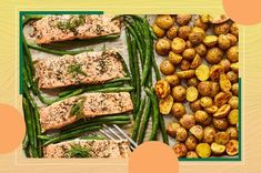 salmon, potatoes and green beans are on the table