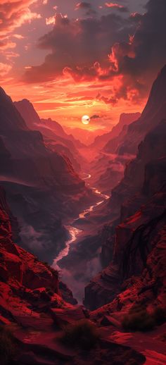 the sun is setting over canyons and mountains in this landscape photo with red hues