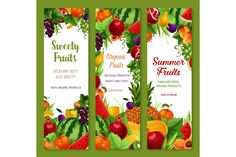 two vertical banners with fruits and vegetables on the front, side and back panels in green