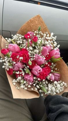 FLOWERS Flowers Gifts Aesthetic, No Rose Bouquet, Flowers For Her Romantic, Baby Breathes Bouquets, Pink Tulips With Baby Breath, Girlfriend Flowers Bouquets, Tulip Carnation Bouquet, Flower Bouquet With Tulips, Prom Bouquet Ideas Tulips