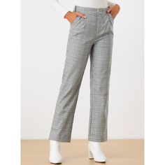 These pants are essential for dressing up or down. Lightweight fabric, covered in a plaid pattern, shapes these trendy trousers with a high-rise fit. How it is a bit high waist and how it gathers at the waist adding shape to the body. You may love everything about these trousers, from their regular fit to the elastic high-waist, which could double as a hiding mechanism for women with love handles. Style these trousers with a crop top and heels for the ultimate look. This fashionable and trendy c High Waist Houndstooth Pants For Fall, Chic Plaid Straight Leg Pants, Chic High-waisted Plaid Pants, Trendy Plaid Pants For Workwear, Fall Houndstooth Trousers, Plaid High-waisted Pants For Business Casual, High-waisted Plaid Pants For Business Casual, Plaid High-waisted Pants For Work, High Waist Plaid Pants For Work