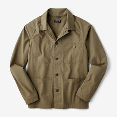 Since the 19th century the chore jacket has been synonymous with utilitarian workwear. Line of Trade pays homage to those silhouettes in a premium, upgraded build here in the Cooper Chore. With a broken-in feel from first wear, this jacket shows up work-ready, featuring sturdy double-needle stitching and a fortified cotton ripstop construction, all while staying lightweight enough to layer through the seasons as needed. Its raglan sleeves are cut for a relaxed fit, while four pockets - two spaci Vintage Utility Jacket With Flap Pockets For Everyday, Military Style Cotton Utility Jacket With Buttoned Pockets, Military Cotton Outerwear With Buttoned Pockets, Everyday Vintage Utility Jacket With Flap Pockets, Vintage Outerwear With Flap Pockets For Everyday, Vintage Everyday Outerwear With Flap Pockets, Cotton Utility Jacket With Lapel Collar, Vintage Unstructured Utility Jacket For Fall, Vintage Workwear Shacket With Patch Pockets