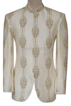 Luxury Off-White Cream Color Prince Coat for Special Occasions | Groom Prince Coats in US Elegant Bandhgala With Gold Embroidery, Elegant Formal Sherwani With Gold Embroidery, Elegant Bandhgala With Gold Embroidery For Formal Events, Elegant Gold Embroidered Sherwani, Elegant Ceremonial Bandhgala With Gold Embroidery, Elegant Fitted Bandhgala For Ceremonial Occasions, Elegant Sherwani With Gold Embroidery For Ceremony, White Embroidered Fitted Bandhgala, White Fitted Embroidered Bandhgala