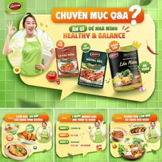 an advertisement for a healthy and balanced food product is shown in three different languages, including the