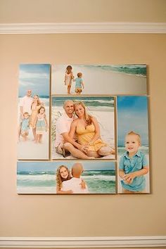 the family photos are hanging on the wall next to each other, and one is holding a baby